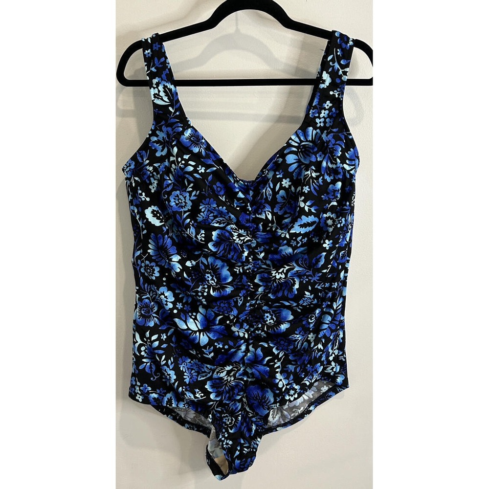 Azul Womens One Piece Swimsuit Black Blue Floral Print Gathered Front 20W
